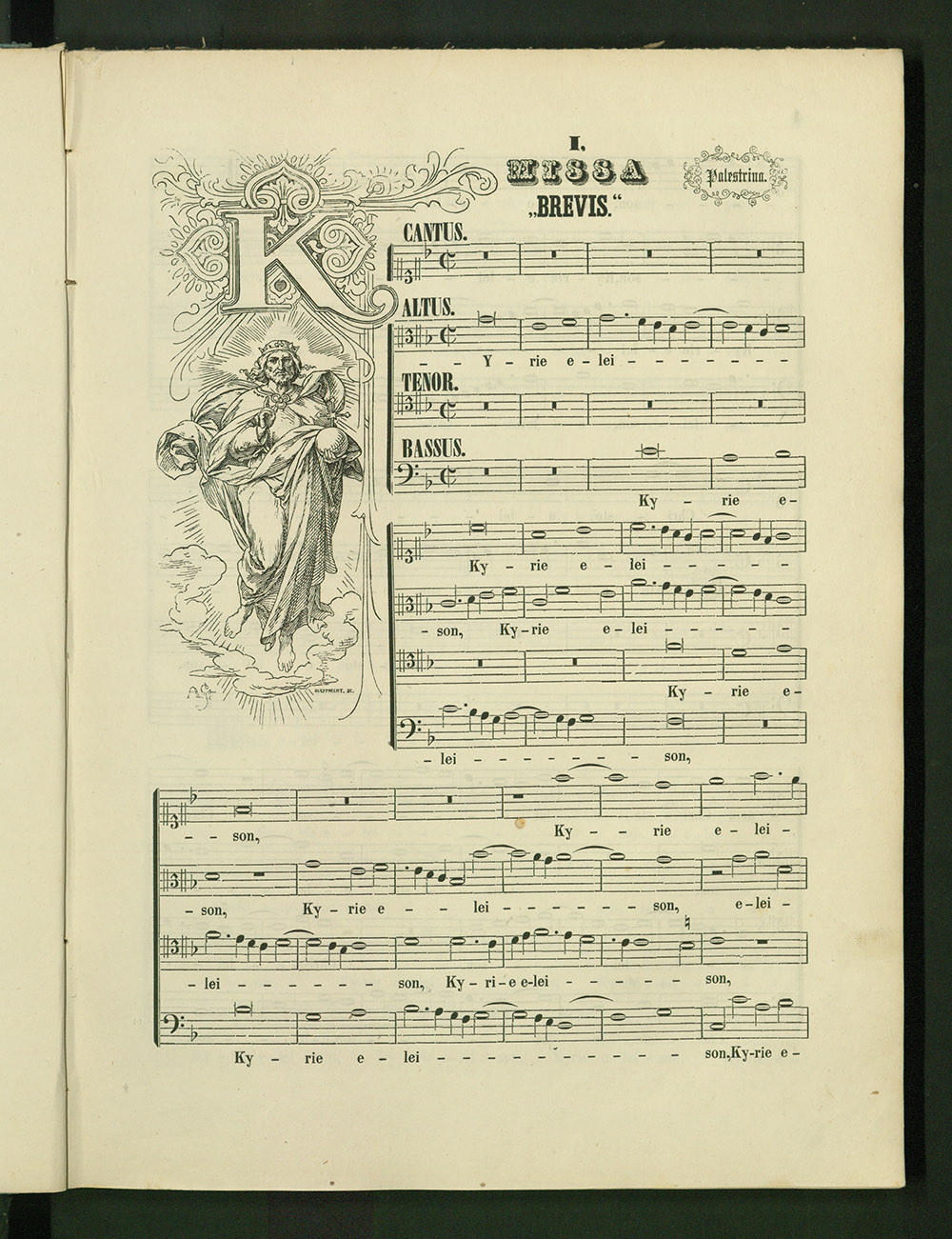 Carl Proske (Hrsg.) Erste Partiturseite der Missa brevis von Palestrina (mit Holzschnitt "Kyrie" nach einem Entwurf von Alexander Strähuber)