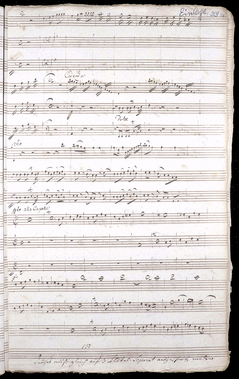 Manuskript: Theodor v. Schacht: Concerto a tre oboi, erste Seite der Solokadenz mitsamt einer Anmerkung Schachts am unteren Ende der Seite