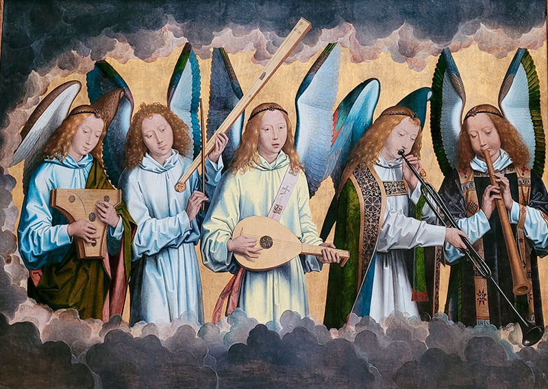 Hans Memling: Linkes Altarbild: Musizierende Engel mit Psalterium, Trumscheit, Laute, Zugtrompete, Schalmei
