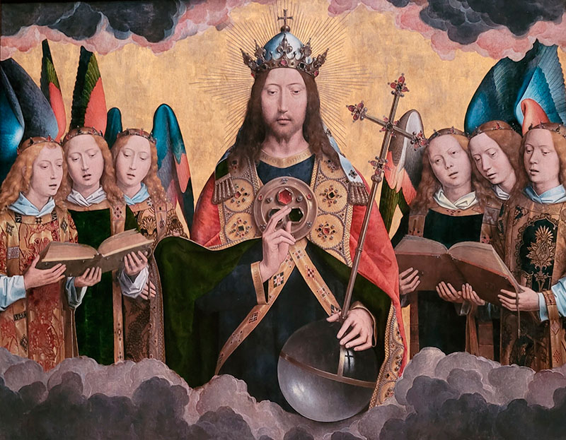 Hans Memling: Mittleres Altarbild: Die singenden Engel flankieren die Gottheit in Dreiergruppen