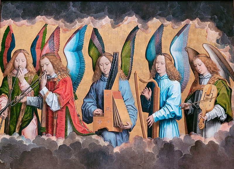 Hans Memling: Rechtes Altarbild: Musizierende Engel mit Busine, Clareta, Organetto, Harfe, Fidel